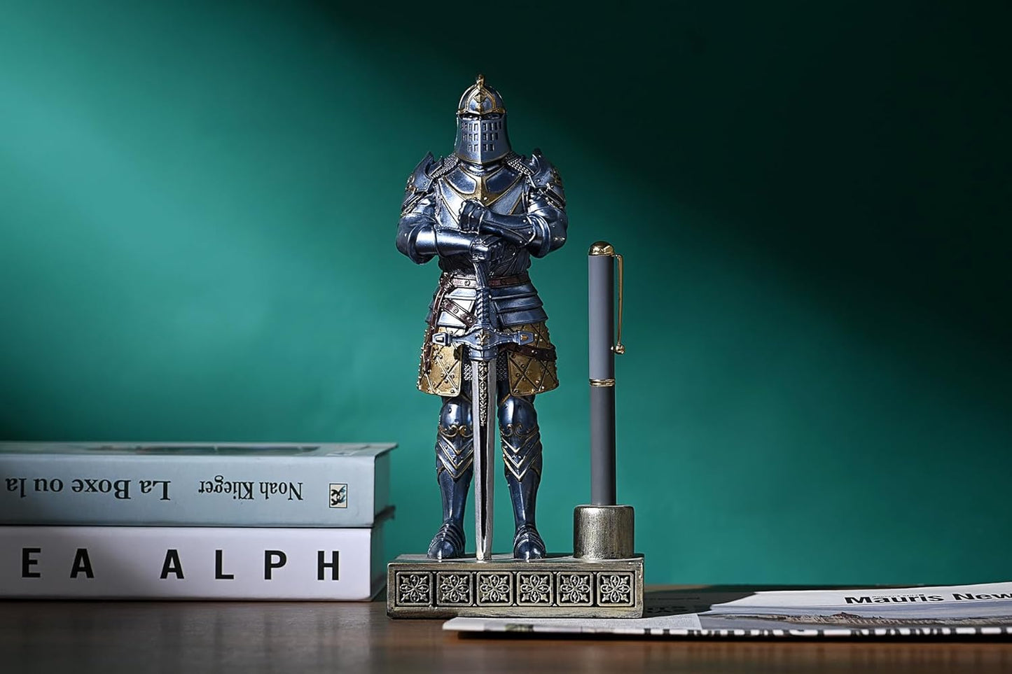HDMbigmi King's Guard Knight Pen Stand Statue Office Pen Stand Desk Organizer For Men Top Collection as Gift 9.45 Inches (Blue)