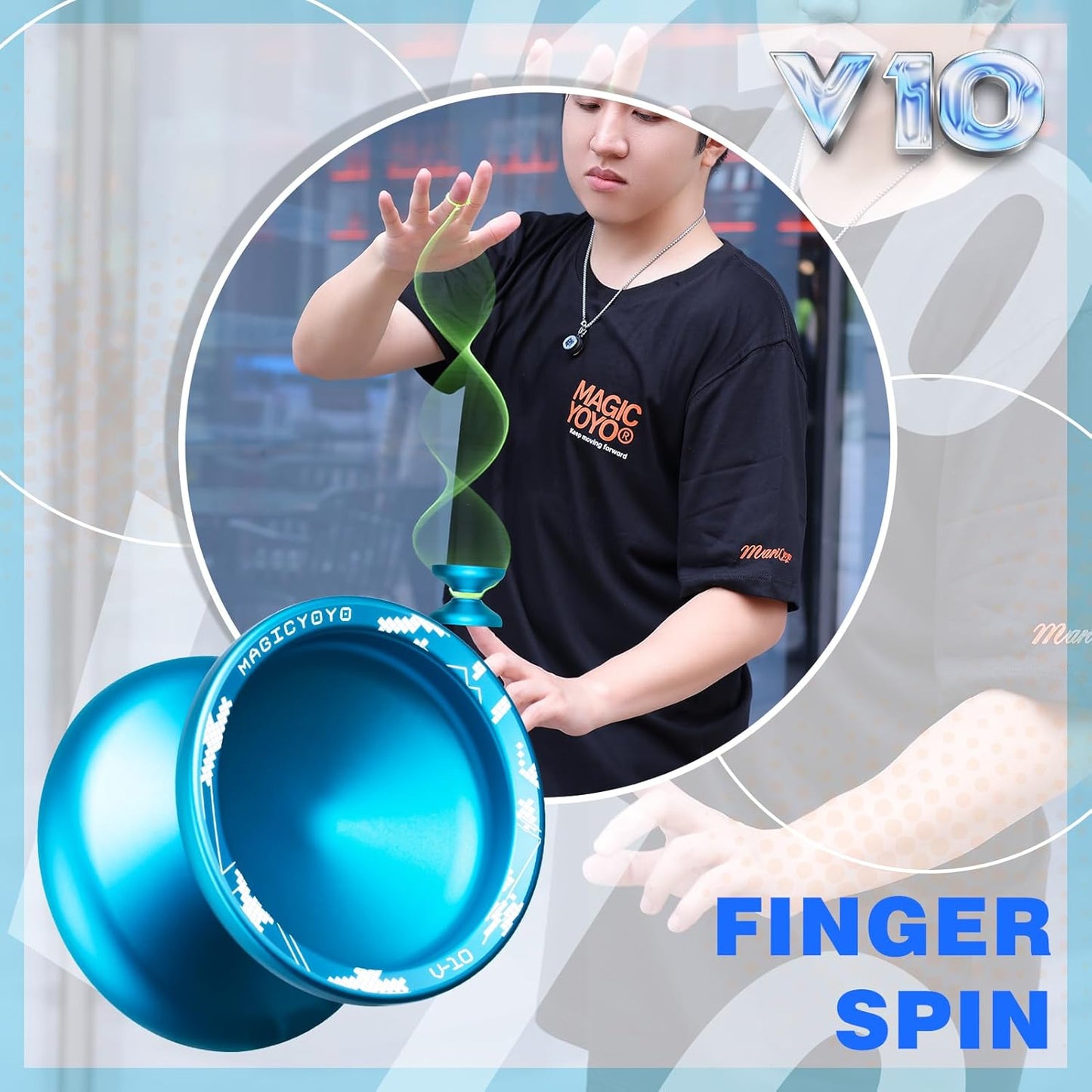 MAGICYOYO V10 Finger Spin Yoyo Professional Metal Trick Yoyo Responsive & Unresponsive Dual Purpose Yo Yo with Storage Case + Yo Yo Glove +12 Strings(Blue)