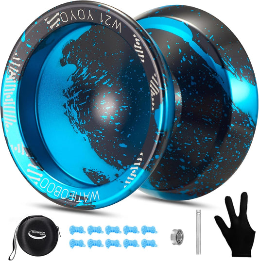 WATIEOBOO Yoyo R8 Responsive Yoyo for Kids 8-12,,Professional Unresponsive Yoyo for Adults Pro Metal Trick Yoyo with Yo Yo Bearing Kit 10 Strings, Case & Gloves (W21-Black and Blue)