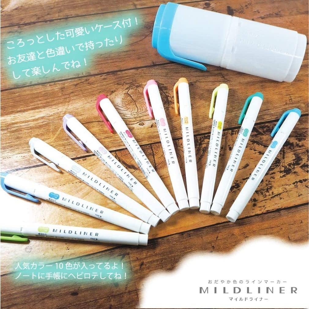 ZEBRA Mildliner WKT7-HD-BG-AZ Highlighter, 10 Colors, Hard Case Included, Blue Green