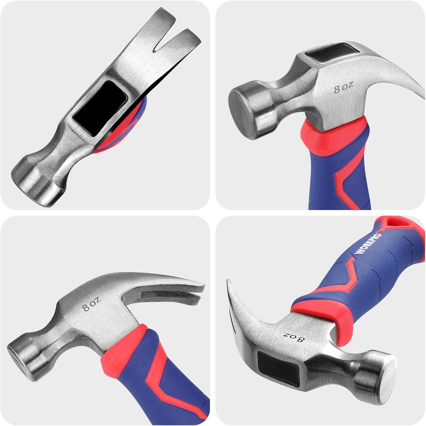 WORKPRO 8 oz Claw Hammer with Fiberglass Handle, All Purpose Hammer with Forged Hardened Steel Head, Smooth Face & Shock Reduction Grip