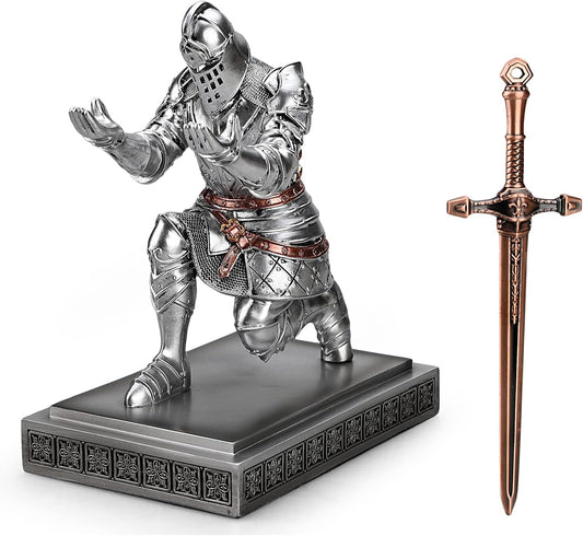 HDMbigmi King's Guard Knight Pen Holder Pen Stand Desk Organizers and Accessories Resin Pencil Holder as Gift with a Metal Sword Letter Opener for Office and Home (Silver)