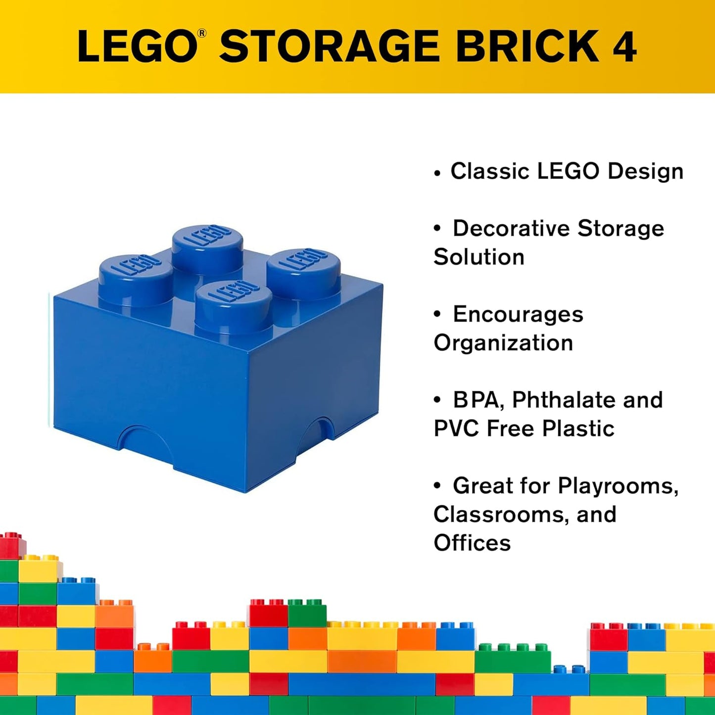 LEGO Storage Brick 4 Knobs Blue - Stackable Plastic Storage Box with Lid for Kids and Adults Ideal Desk Organizer and Toy Box - 5.6L Capacity