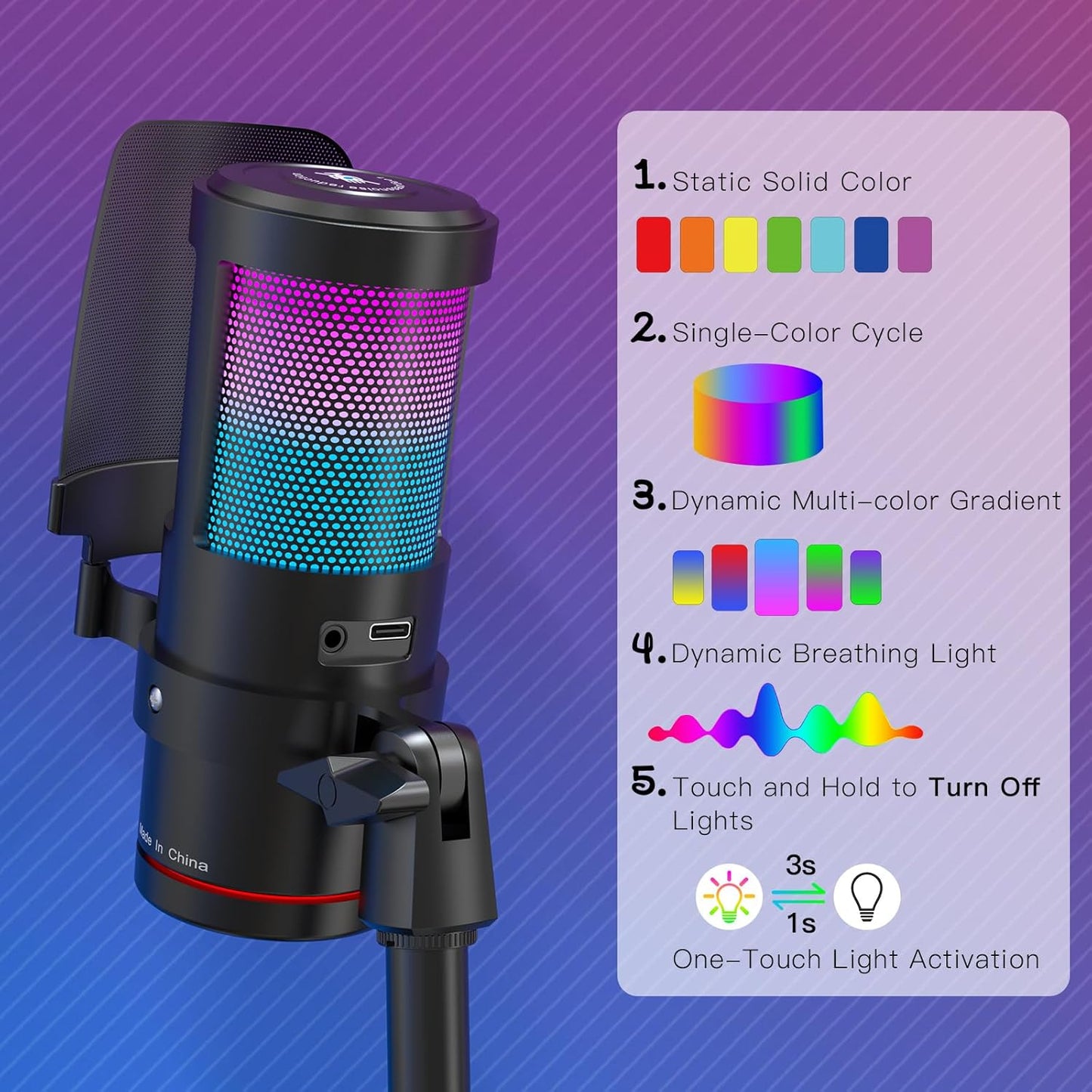ZealSound Gaming USB Microphone,Noise Cancellation Condenser mic with RGB Light,Touch Mute,Gain,Monitoring for Streaming,Podcast,Twitch,YouTube,Discord,iPhone,iPad,PC,Computer,PS4,PS5,Mac,GamerWave
