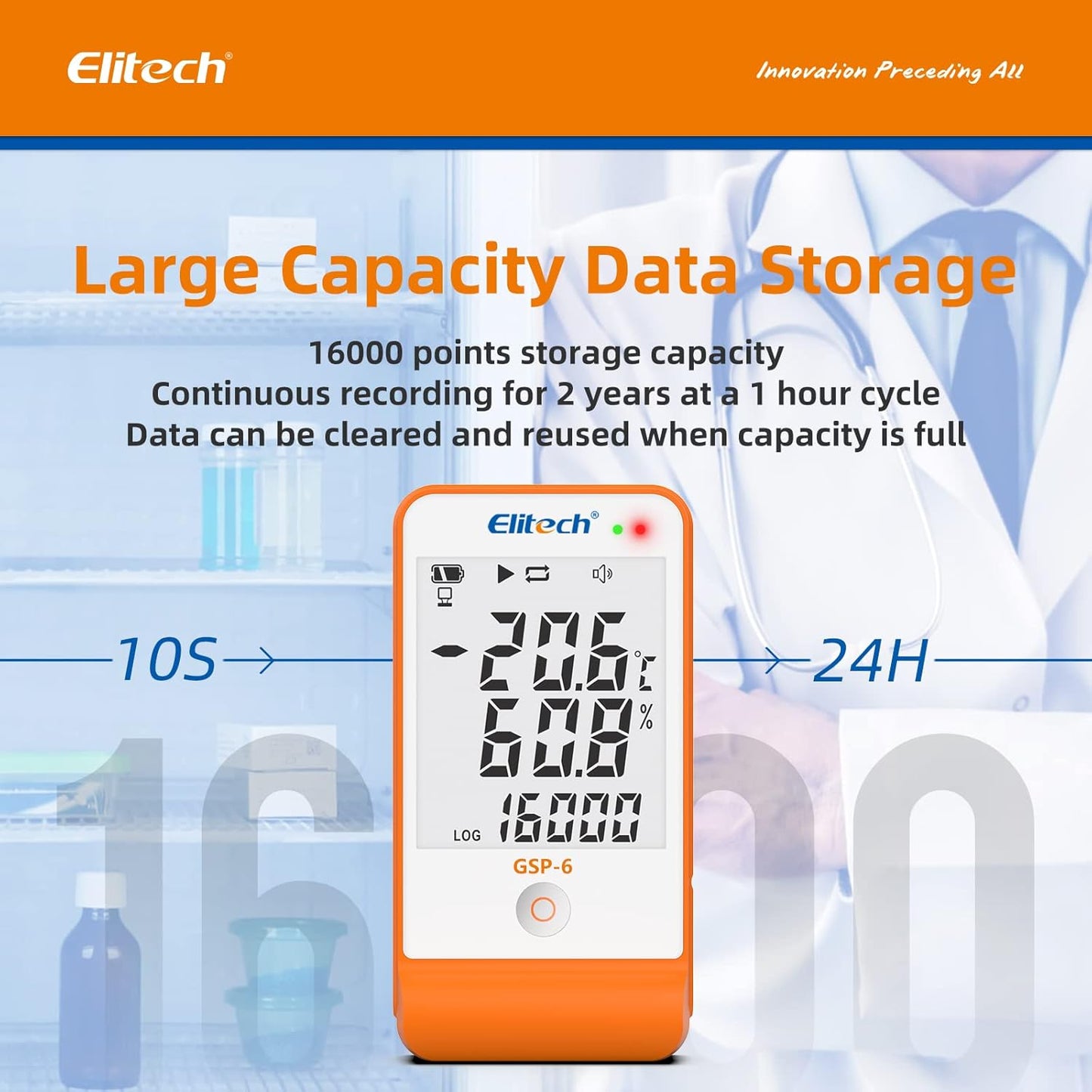 Elitech Digital Temperature Humidity Data Logger Pharmacy DDL with Calibration Certificate to auditor, Refrigerator Thermometer Vaccine Fridge Temperature Monitor Max Min Value GSP-6