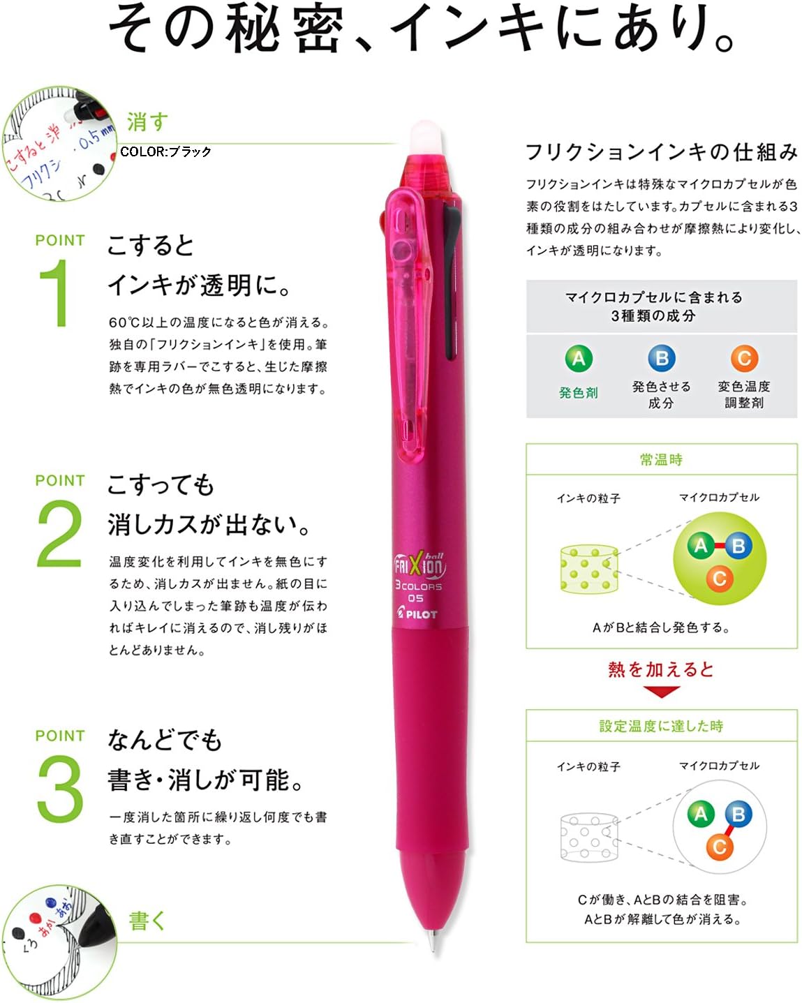 PILOT Frixion Ball3 3-Color 0.5mm Ballpoint Pen, Pink (P-LKFB-60EFP)