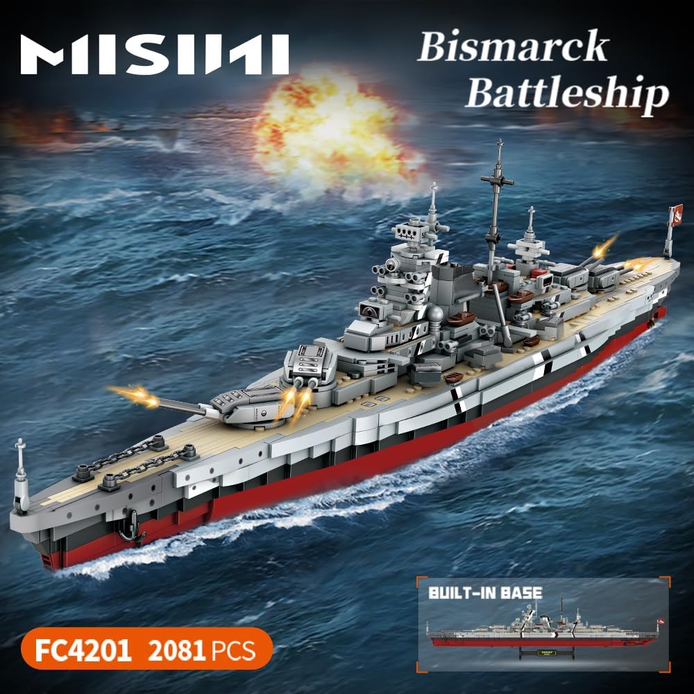 MISINI Technik FC4201 German Battleship Bismarck Clamp Blocks, 2081 PCs/MOC Large WWII German Military Warship Marine Battleship Model for Adult