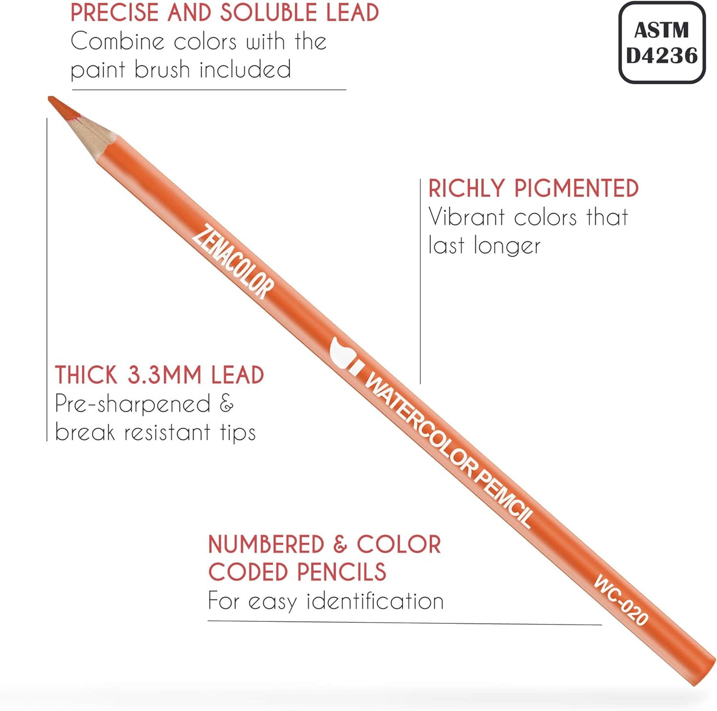 Zenacolor 120 Watercolor Pencils, Numbered, with Brush and Case - Watercolor Pencils Set - 120 Professional, Soluble, Different Color Pencils