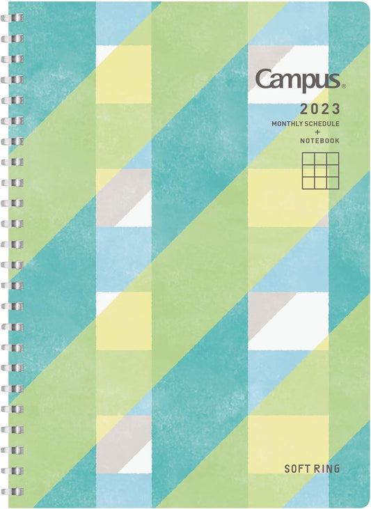 Kokuyo Ni-SMNL2-A5-23 Soft Ring Diary Planner, 2023, A5, Monthly, Checkered Blue, Starts December 2022
