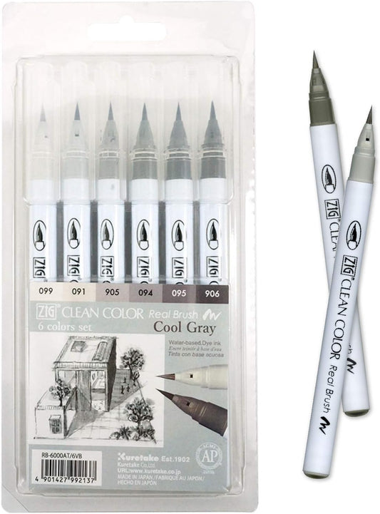 Kuretake ZIG Clean Color Real Brush Marker, Flexible Brush Tips, Watercolor Pens for Painting, Drawing, Calligraphy and Brush Lettering for Artists, Made in Japan (6 Cool Gray Colors set)