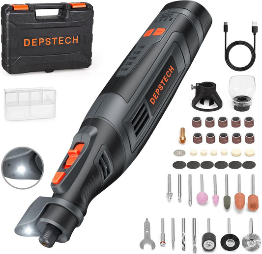 DEPSTECH Cordless Rotary Tool Kit, 8V 2.5Ah Larger Battery, 5-Speed 30000RPM Max, LED Work Light, Power Multi Tool 47Pcs Enduring Accessories Set for Carving, Polishing, Sanding, Drilling, DIY Crafts