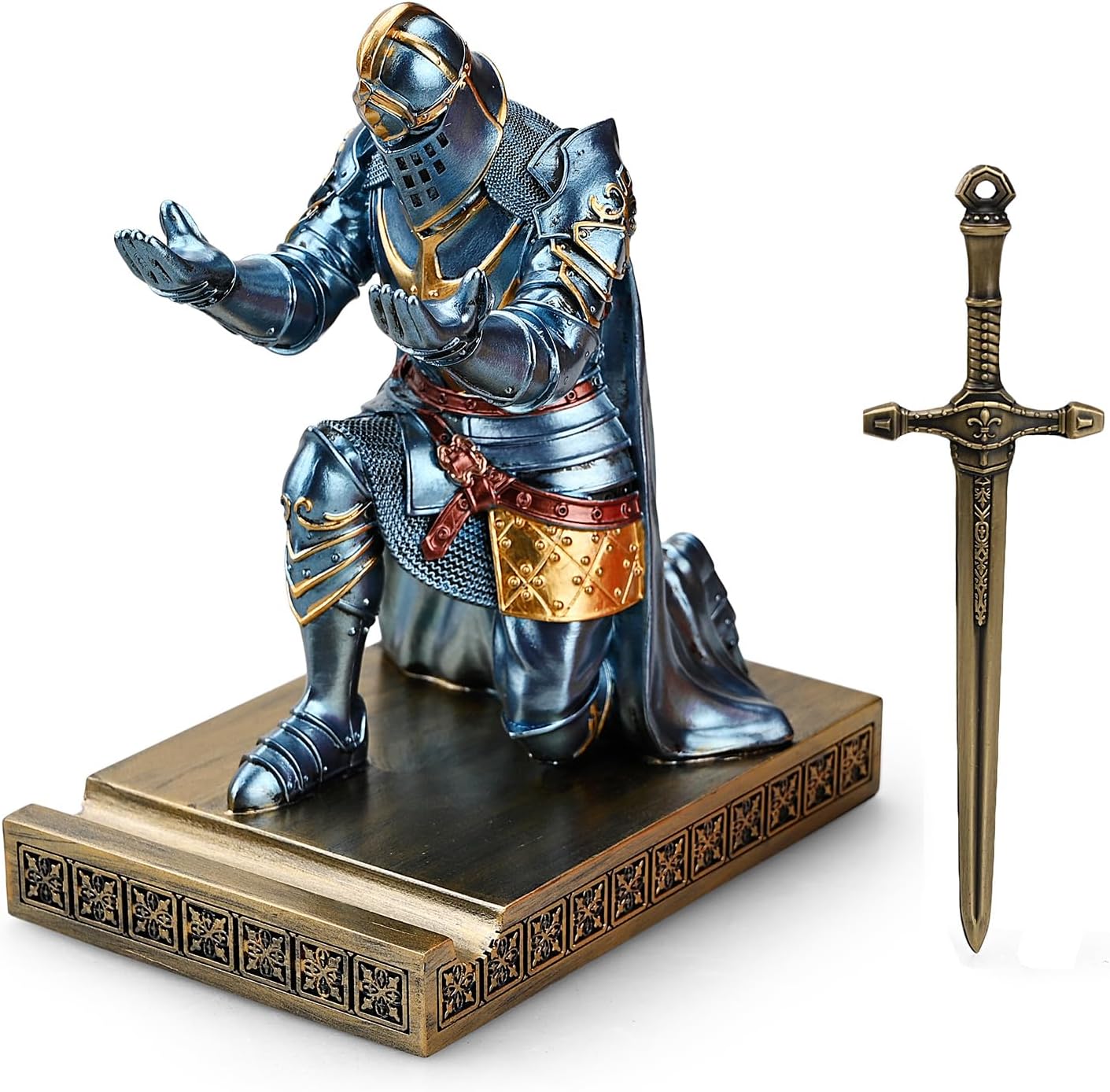 HDMbigmi King's Guard Leader Cloak Warrior Knight Pen Holder Mobile Phone Stand, Ornament Knight Statue, Pen Stand Paperweight with a Metal Sword Letter Opener for Office and Home (Blue)