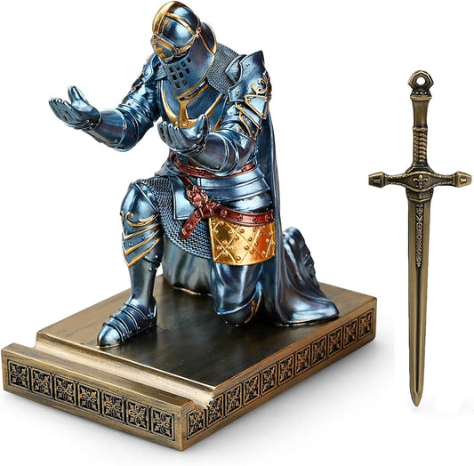 HDMbigmi King's Guard Leader Cloak Warrior Knight Pen Holder Mobile Phone Stand, Ornament Knight Statue, Pen Stand Paperweight with a Metal Sword Letter Opener for Office and Home (Blue)