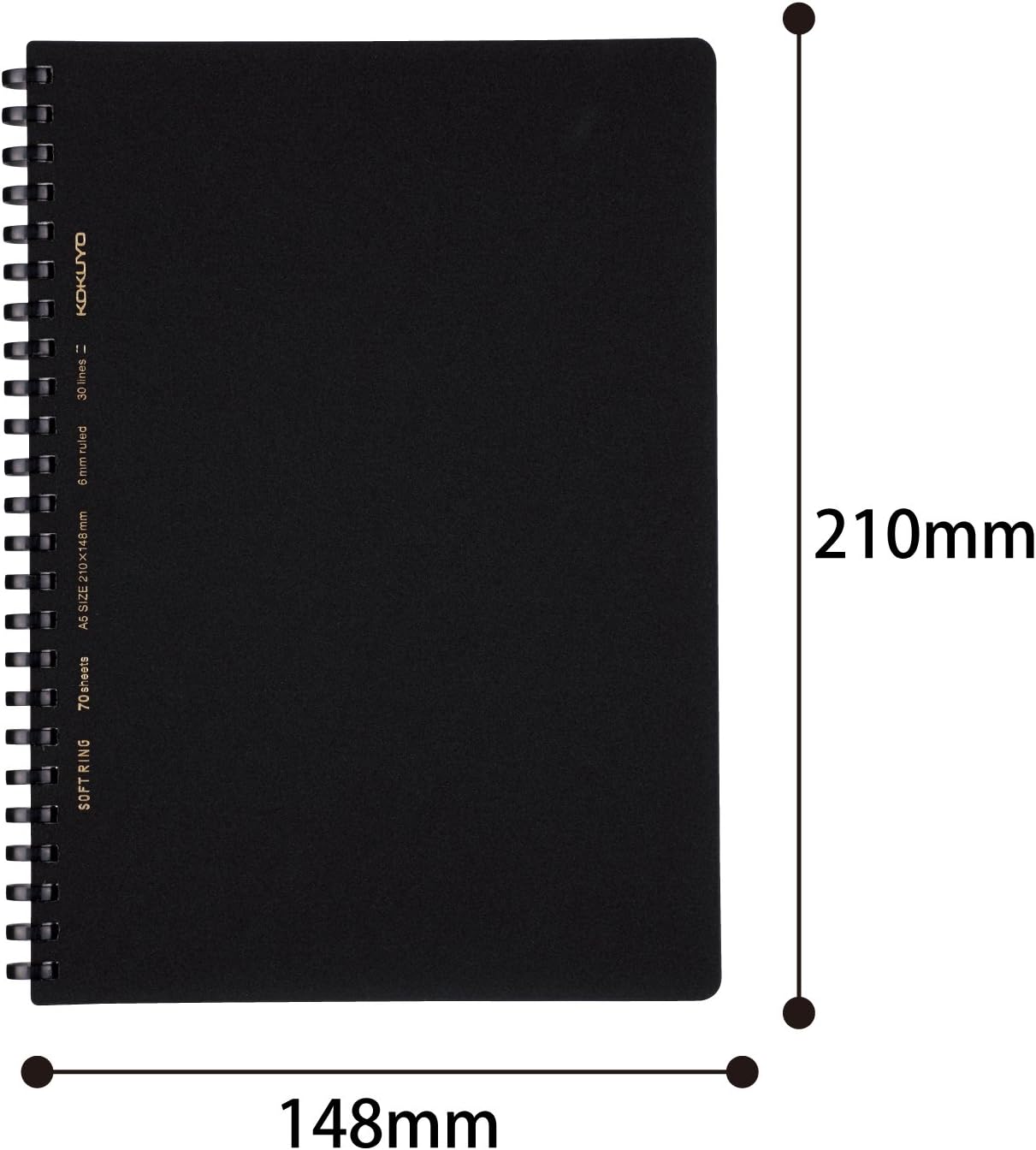 KOKUYO Spiral Lined Notebook, 8.3'' x 5.8'' Business Journal A5 Soft Ring Notebooks with A 6mm Ruled, 70 Perforated Sheets, Black 1 Subject Notebook, Note Taking for Work. Japan Import (SU-SV437B-D)