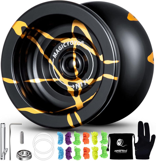 MAGICYOYO N11 Professional Unresponsive Yoyo N11 Dual Purpose Alloy Trick YoYo Ball (Black with Golden) with Bag, Glove, 12 Yoyo Strings and Responsive Bearing Kit