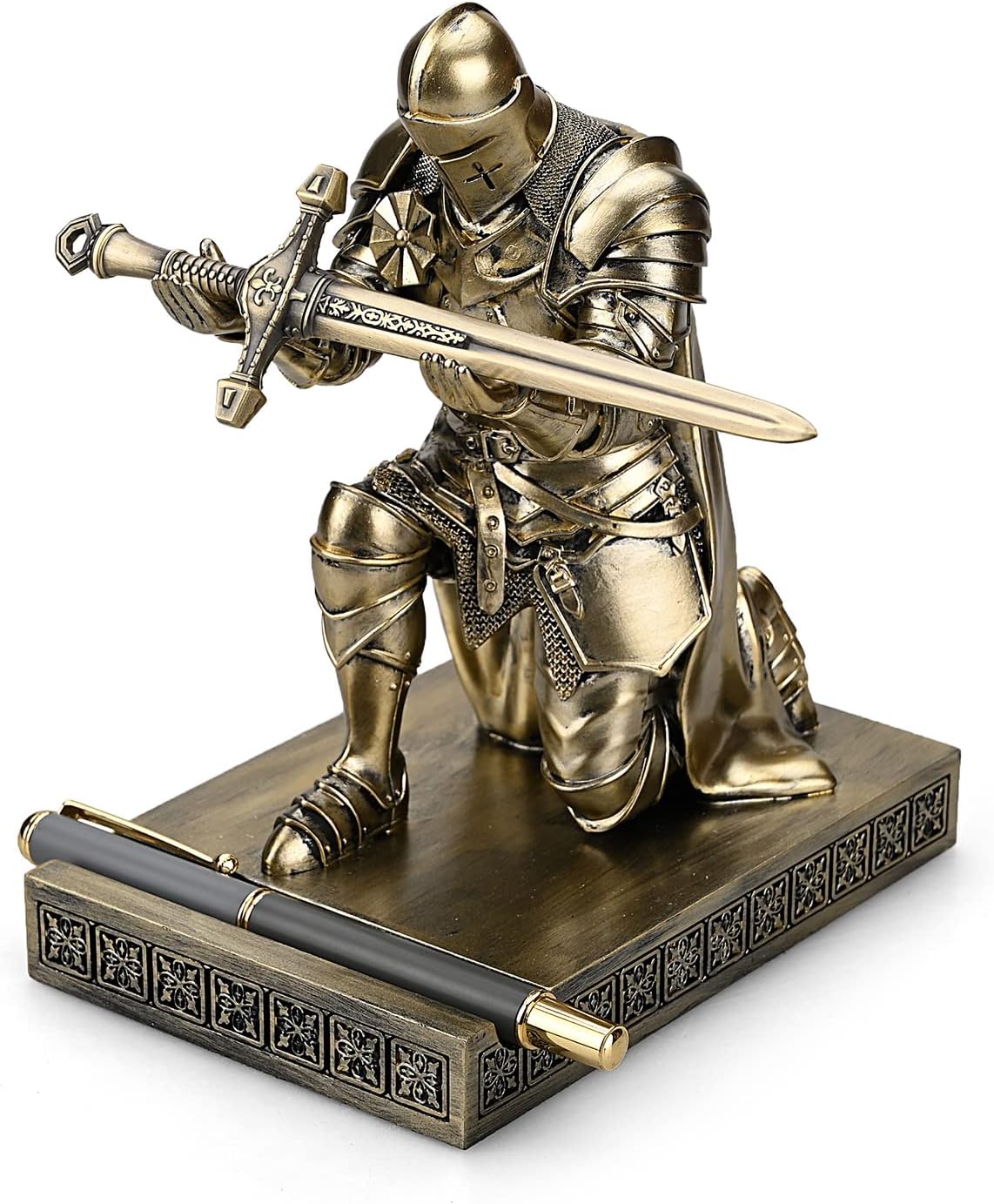 HDMbigmi King's Guard Leader Cloak Warrior Knight Pen Holder Mobile Phone Stand, Ornament Knight Statue, Pen Stand Paperweight with a Metal Sword Letter Opener for Office and Home (Bronze)