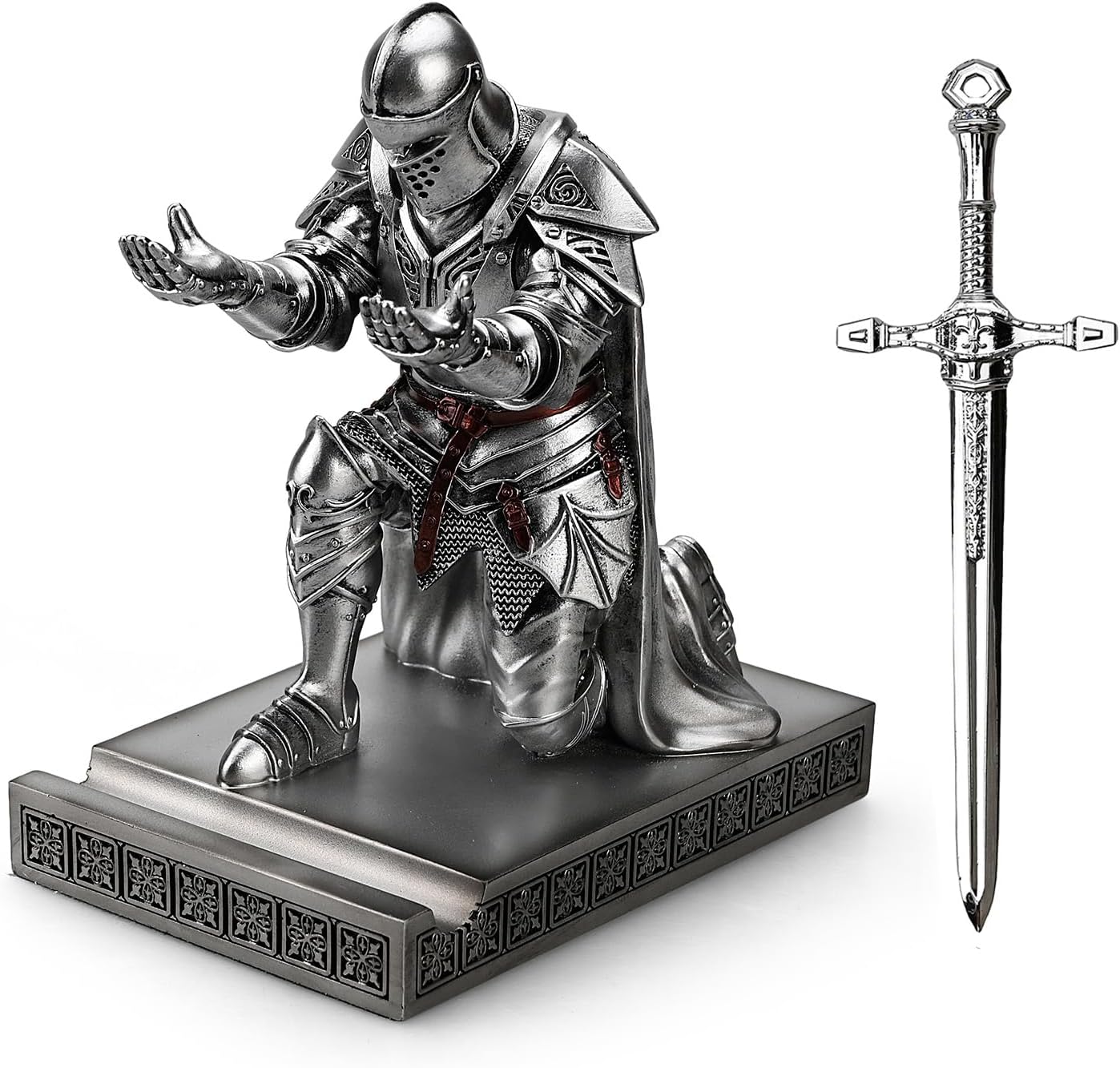 HDMbigmi King's Guard Leader Cloak Warrior Knight Pen Holder Mobile Phone Stand, Ornament Knight Statue, Pen Stand Paperweight with a Metal Sword Letter Opener for Office and Home (Silver)