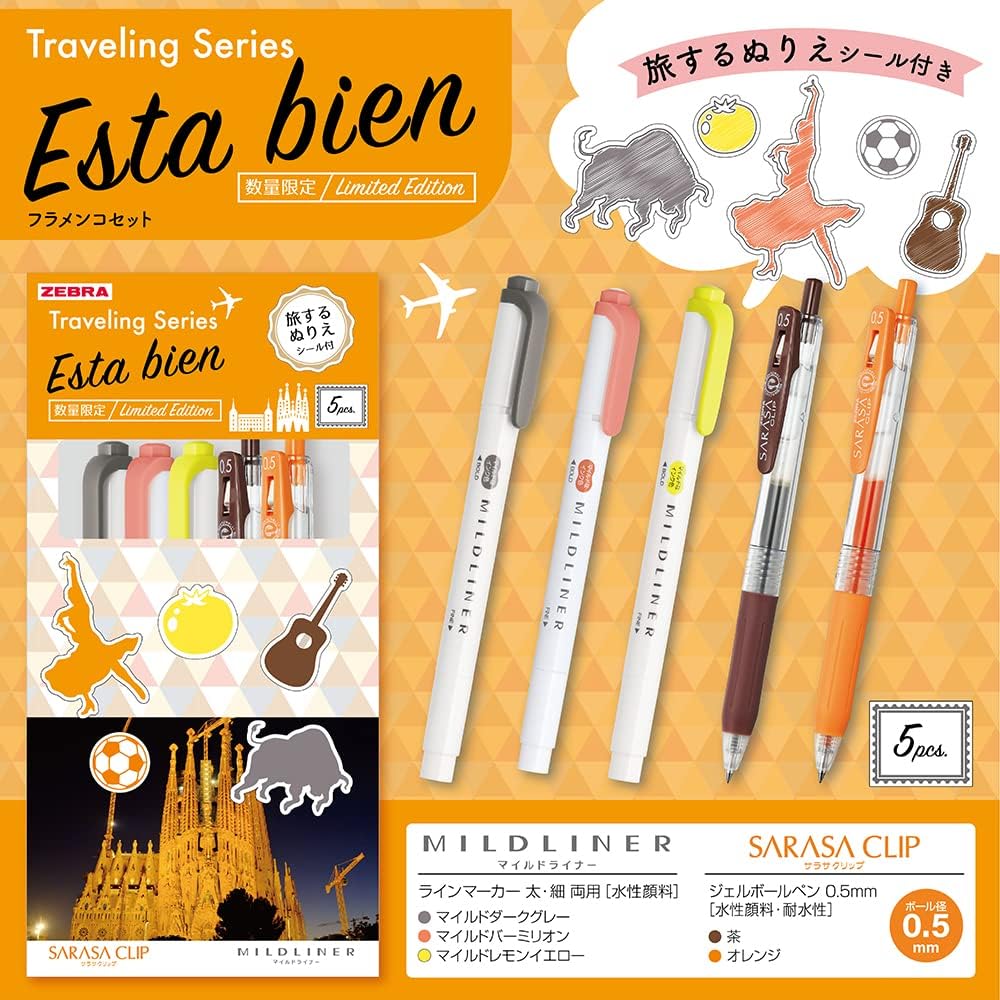 ZEBRA SE-TR-5CS Sarasa Clip Mild Liner Set, Traveling Series, Flamenco, Mixed Set of 5