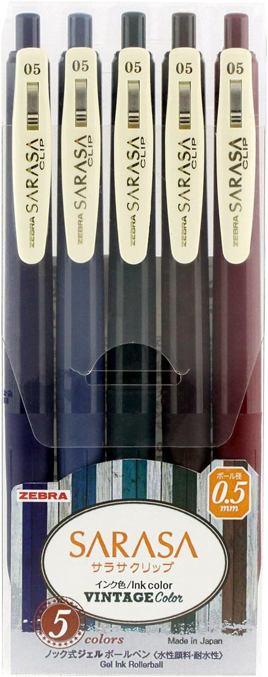 ZEBRA Sarasa Clip Gel Ink Ballpoint Pen 0.5mm, Rubber Grip, Vintage Colors, 5 Colors Set (JJ15-5C-VI)