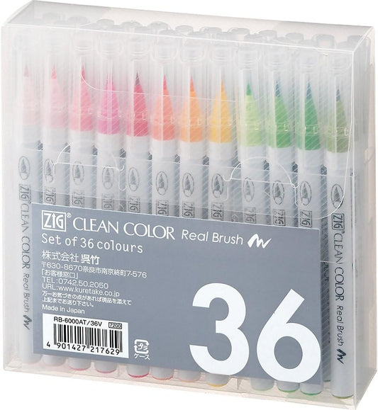 Kuretake Zig Clean Color Real Brush 36 colors set, Brush tip marker pens, for Professional and Artist, coloring, drawing, calligraphy, lettering, Made in Japan