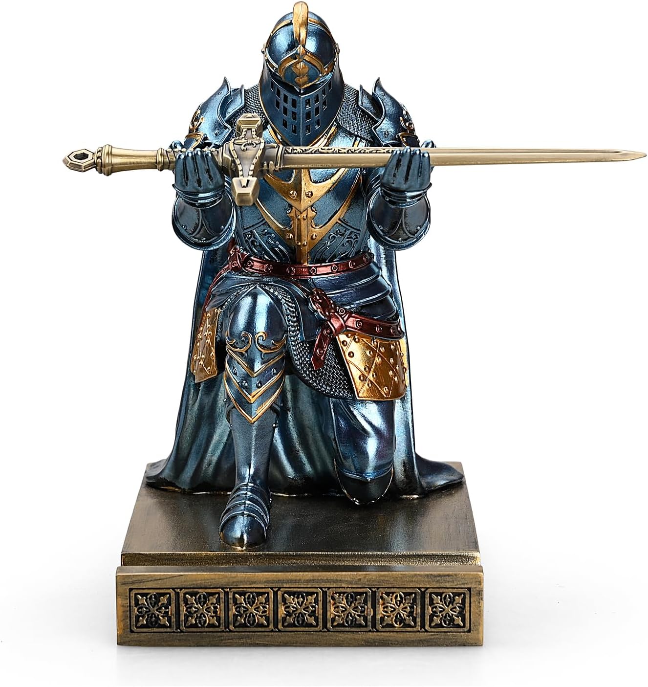 HDMbigmi King's Guard Leader Cloak Warrior Knight Pen Holder Mobile Phone Stand, Ornament Knight Statue, Pen Stand Paperweight with a Metal Sword Letter Opener for Office and Home (Blue)