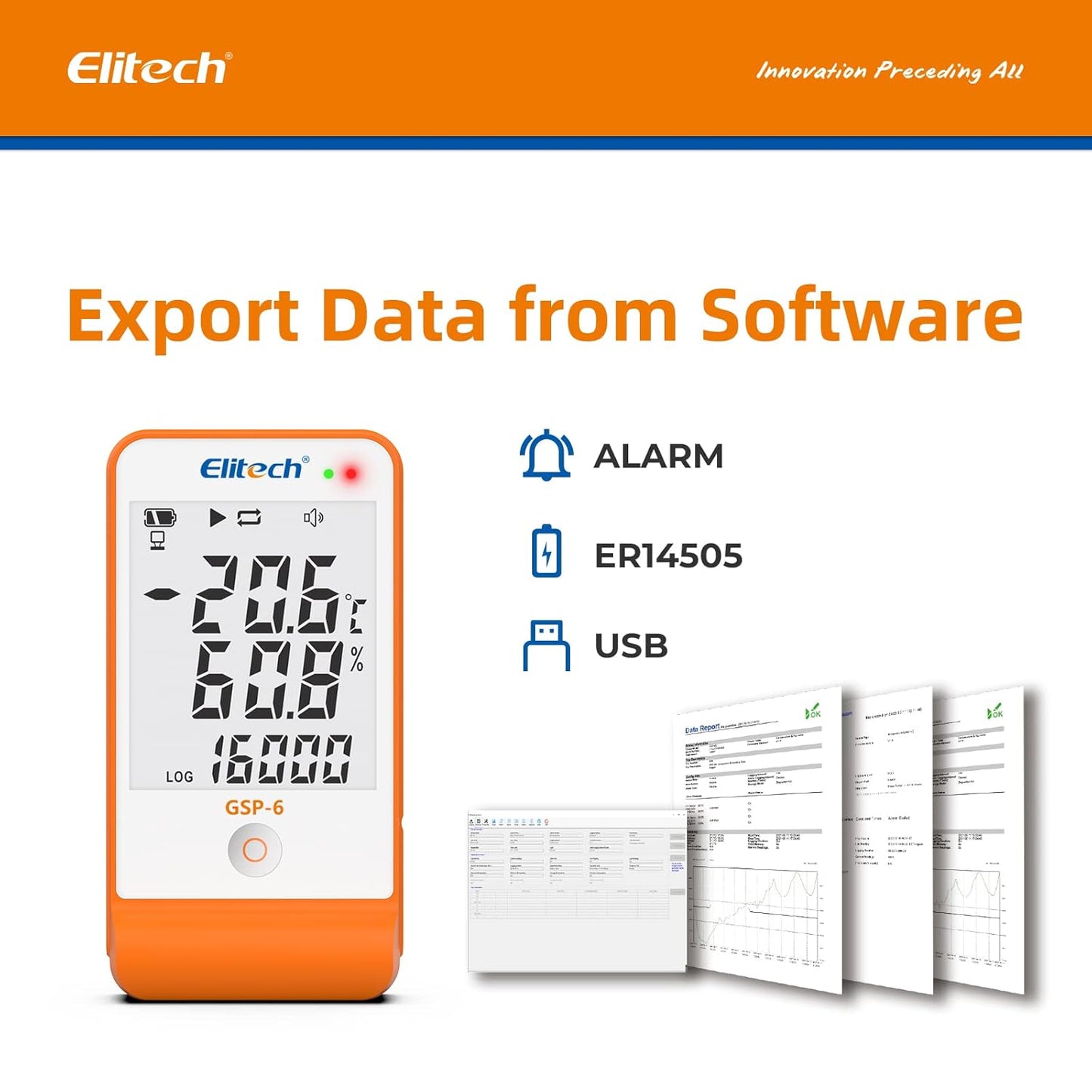 Elitech Digital Temperature Humidity Data Logger Pharmacy DDL with Calibration Certificate to auditor, Refrigerator Thermometer Vaccine Fridge Temperature Monitor Max Min Value GSP-6