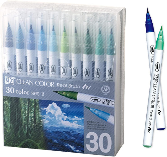 Kuretake ZIG Clean Color Real Brush, NEW 30 colors set B, Flexible Brush Tips, Watercolor Pens for Painting, Drawing, Calligraphy and Brush Lettering for Artists, Made in Japan