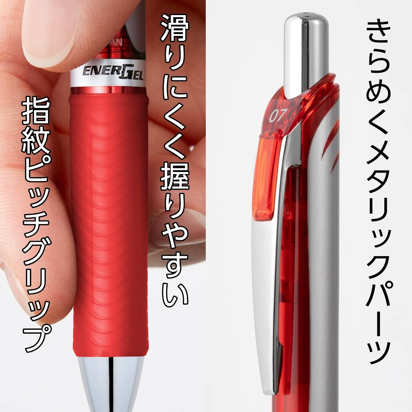 Pentel Energel Knock Ballpoint Pen, 0.5mm Needle Tip, Red Ink, Silver Body with Red Accent (BLN75Z-B)