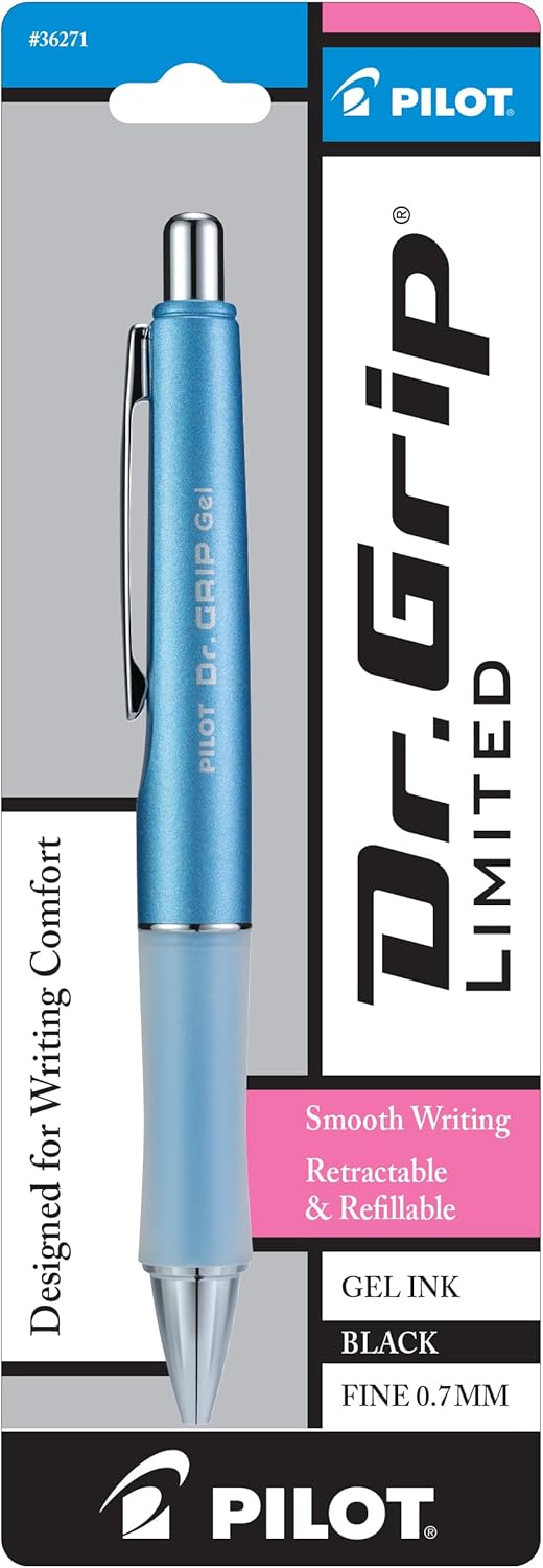 PILOT Dr. Grip Limited Refillable & Retractable Gel Ink Rolling Ball Pen, Fine Point, Metallic Ice Blue Barrel, Black Ink, Single Pen (36271)