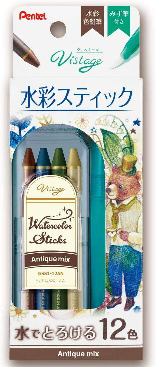 Pentel GSS1-12AN Full Core Colored Pencil – Watercolor Stick, 12 Colors, Antique Mix
