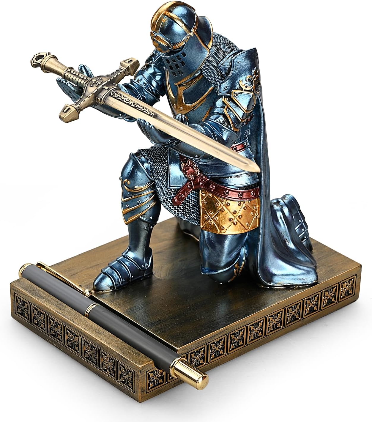 HDMbigmi King's Guard Leader Cloak Warrior Knight Pen Holder Mobile Phone Stand, Ornament Knight Statue, Pen Stand Paperweight with a Metal Sword Letter Opener for Office and Home (Blue)