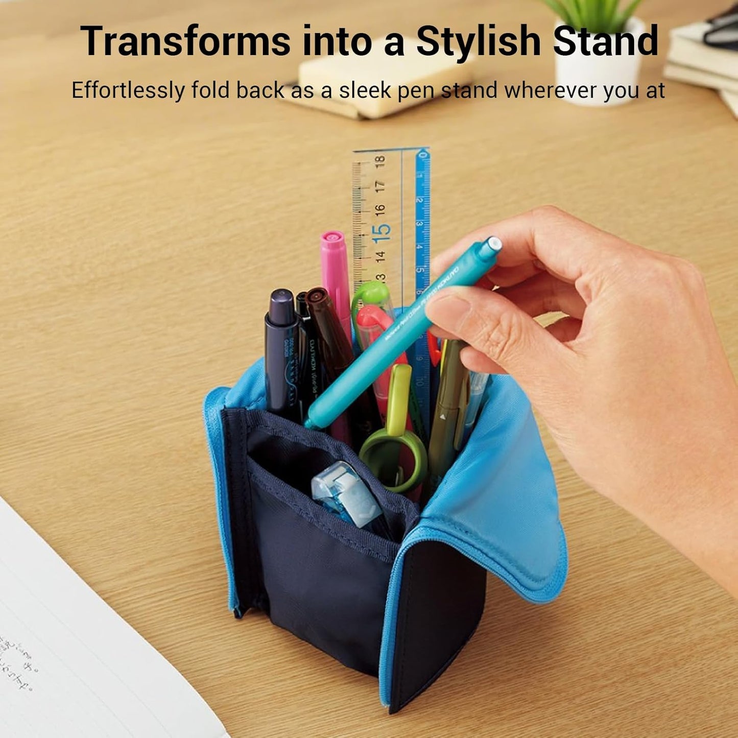 KOKUYO Pencil Case Pouch, Neo Critz Standing Pen Pouch Bag, Foldable Stand up Pencil Holder Organizer, Small Portable Pencil Box for School Office Supplies, Pink x Brown, Regular Size (F-VBF180-4)