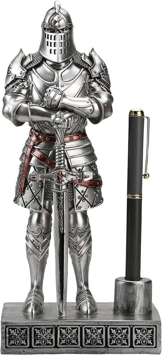 HDMbigmi King's Guard Knight Pen Stand Statue Office Pen Stand Desk Organizer For Men Top Collection as Gift 9.45 Inches (Silver)