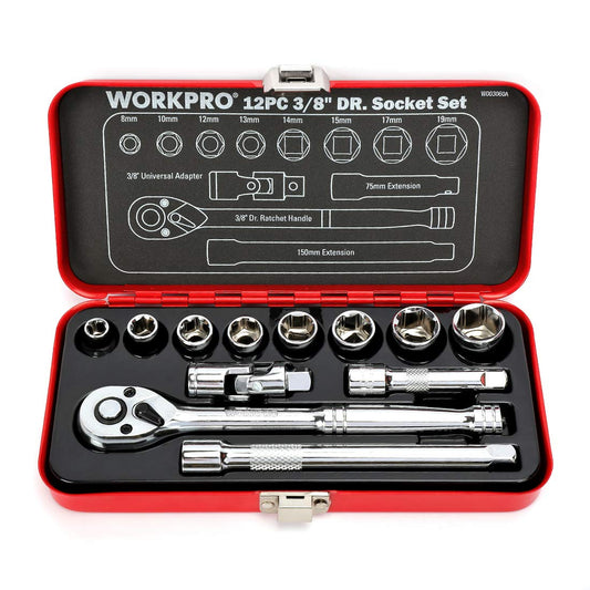 WORKPRO Socket Wrench Set, Garage Tool Set, Ratchet Wrench, 3/8 inch (9.5 mm) Drive Angle, Quick Release Ratchet Handle, Tool Set, 12 Piece Set, Iron Case Included