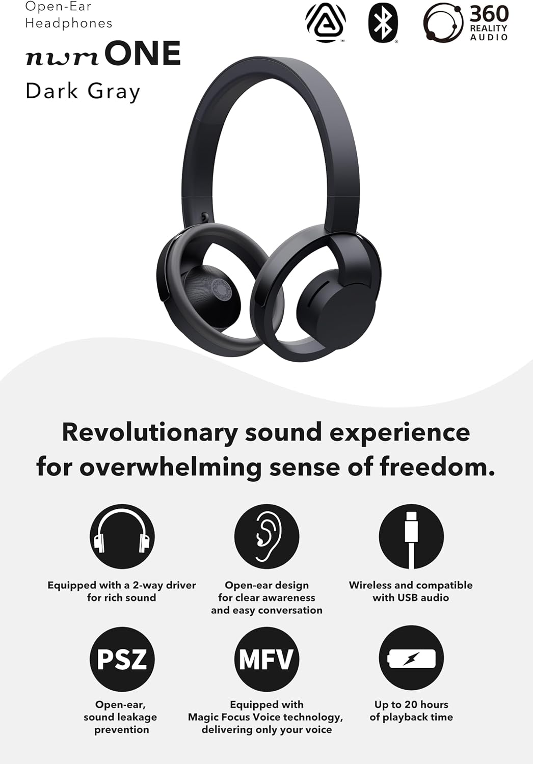nwm ONE Wireless Open-Ear Headphones | Prevents Sound Leakage with PSZ Technology (Bone Conduction Alternative) | Bluetooth 5.3 | Multipoint | 20-Hour Battery Life with Microphone | Dark Gray
