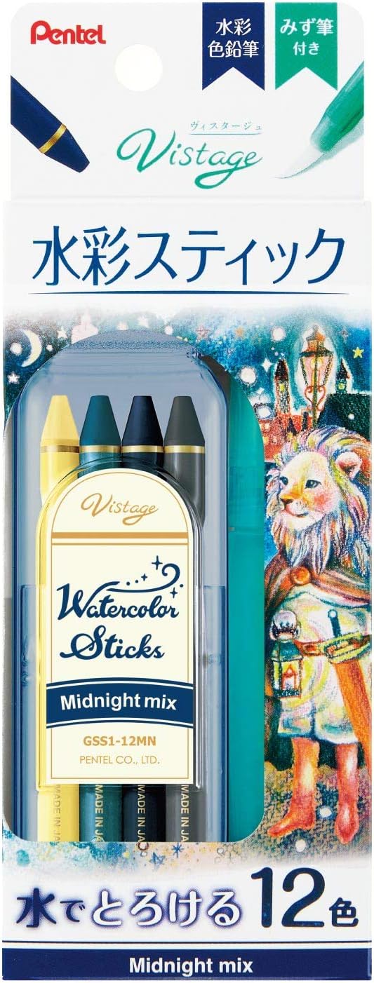 Pentel GSS1-12MN Whole Lead Colored Pencil, Watercolor Stick, 12 Colors, Midnight Mix