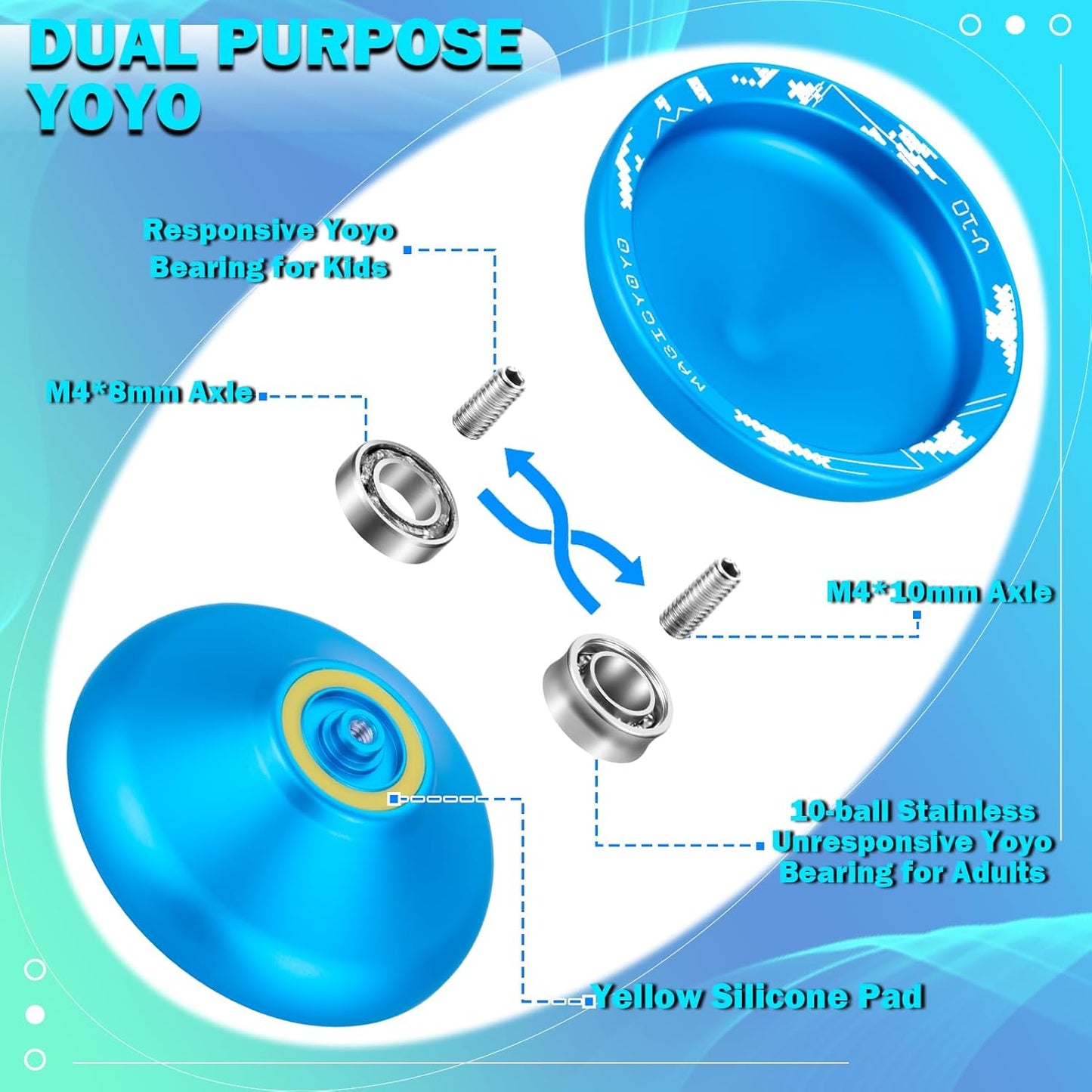 MAGICYOYO V10 Finger Spin Yoyo Professional Metal Trick Yoyo Responsive & Unresponsive Dual Purpose Yo Yo with Storage Case + Yo Yo Glove +12 Strings(Blue)