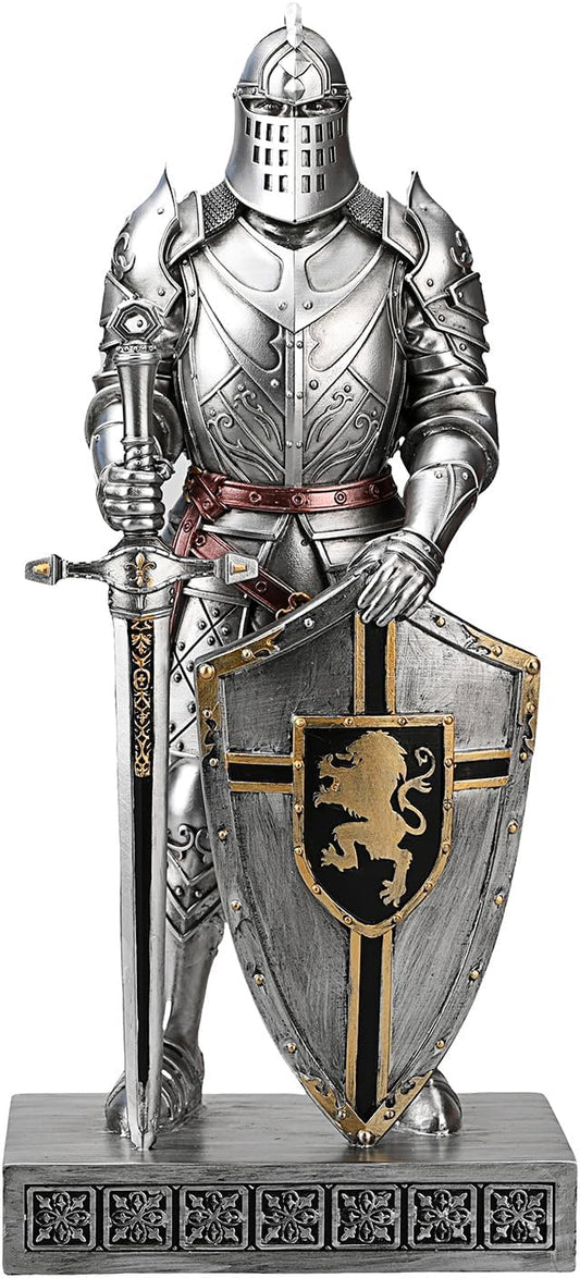 HDMbigmi King's Guard Knight with Shield Desktop Accessories Statue Medieval Knight Ornament Paperweight for Office and Home Top Collection as Gift 12.60 Inch (Silver)