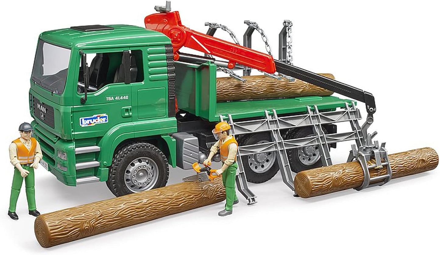 Bruder Toys - Forestry MAN Timber Truck with Fully Functioning Loading Crane, Tilting Loading Bed, and 3 Loadable Trunks - Ages 4+