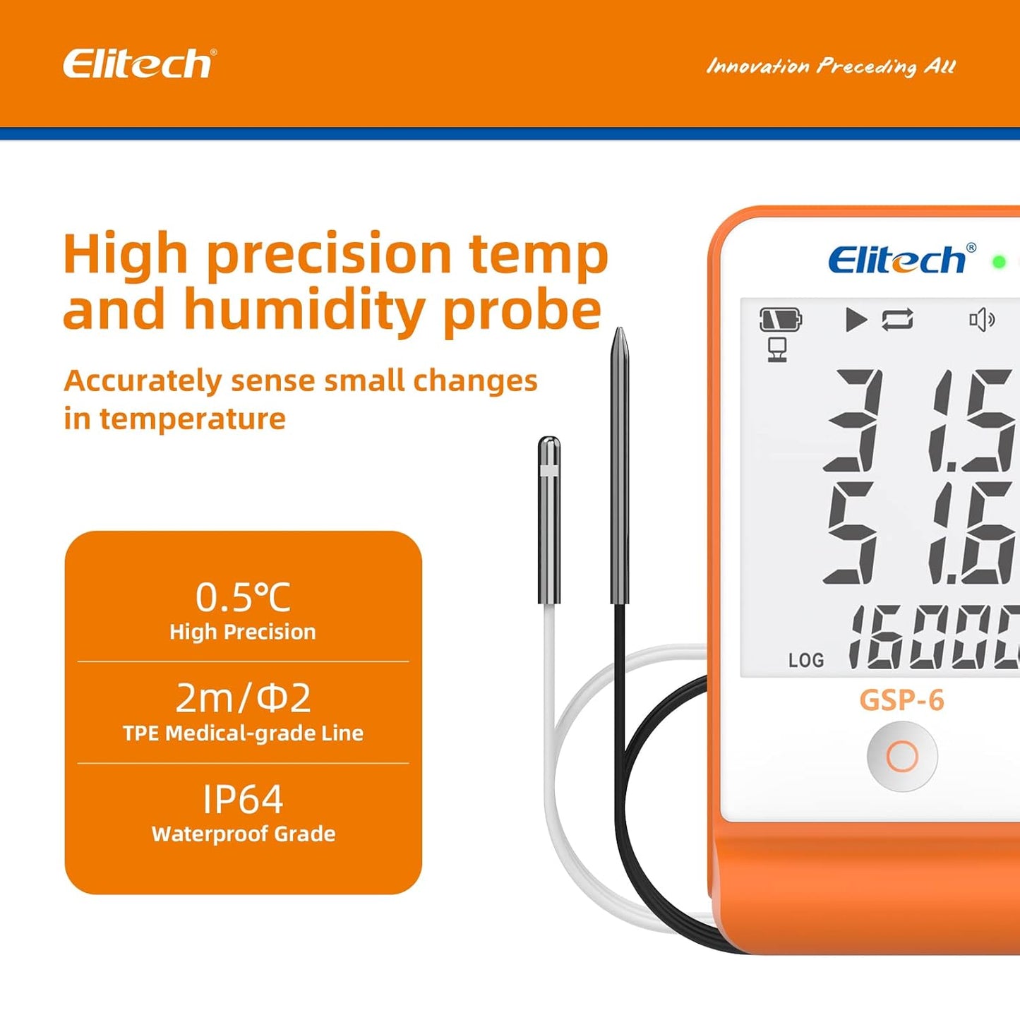 Elitech Digital Temperature Humidity Data Logger Pharmacy DDL with Calibration Certificate to auditor, Refrigerator Thermometer Vaccine Fridge Temperature Monitor Max Min Value GSP-6