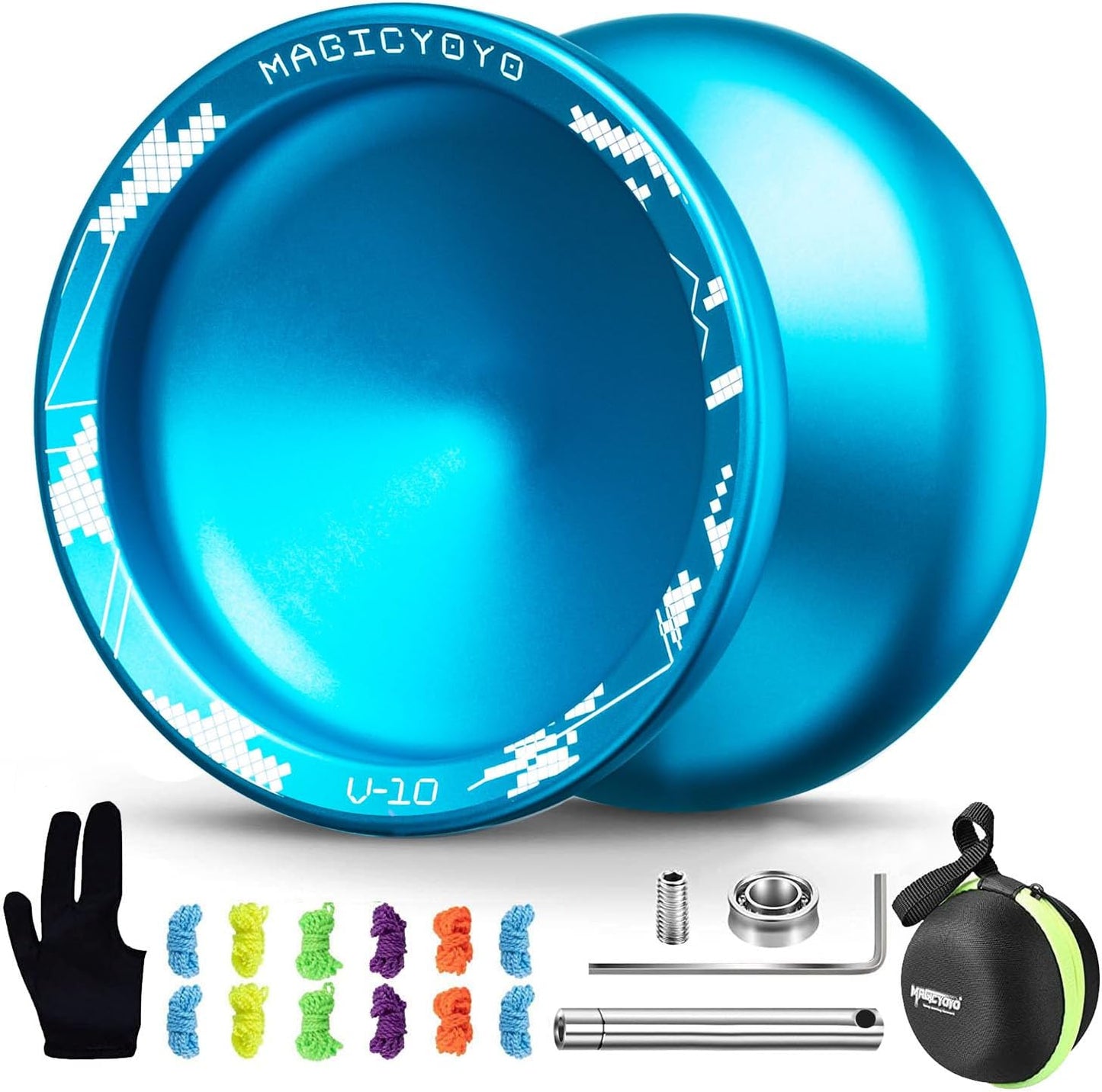 MAGICYOYO V10 Finger Spin Yoyo Professional Metal Trick Yoyo Responsive & Unresponsive Dual Purpose Yo Yo with Storage Case + Yo Yo Glove +12 Strings(Blue)