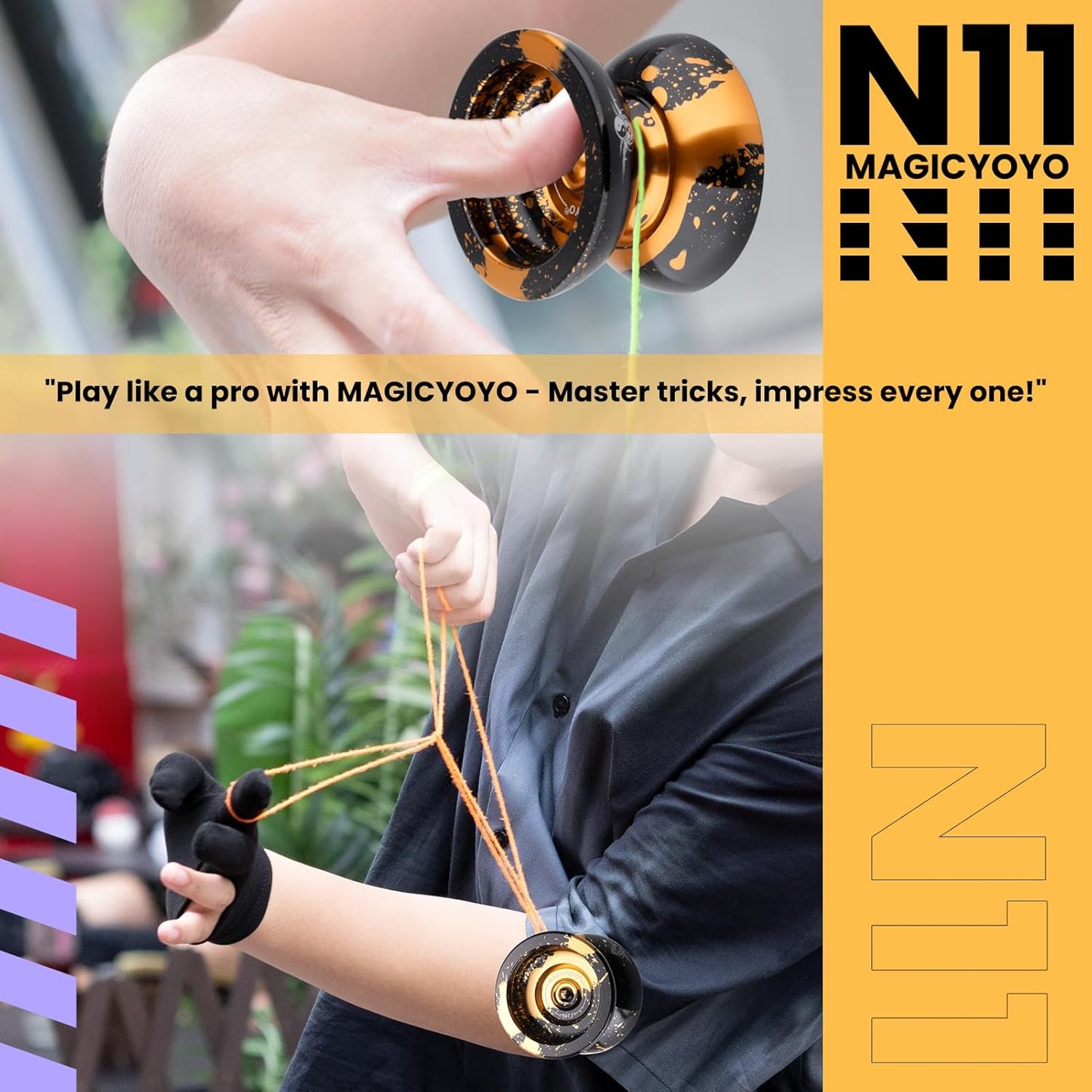 MAGICYOYO N11 Professional Unresponsive Yoyo N11 Dual Purpose Alloy Trick YoYo Ball (Black with Golden) with Bag, Glove, 12 Yoyo Strings and Responsive Bearing Kit