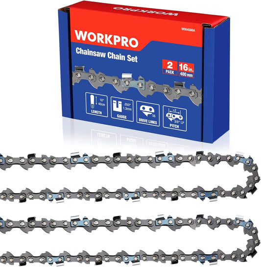 WORKPRO 2-Pack Chainsaw Chain for 16-Inch Bar, 3/8"Pitch, 56 Drive Links Wood Cutting Saw Chain for Chainsaw Parts fits Craftsman, Poulan, Echo, DeWalt