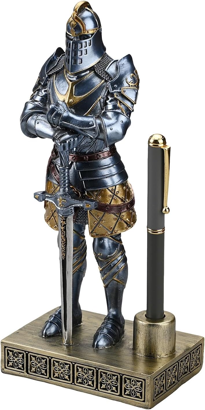 HDMbigmi King's Guard Knight Pen Stand Statue Office Pen Stand Desk Organizer For Men Top Collection as Gift 9.45 Inches (Blue)