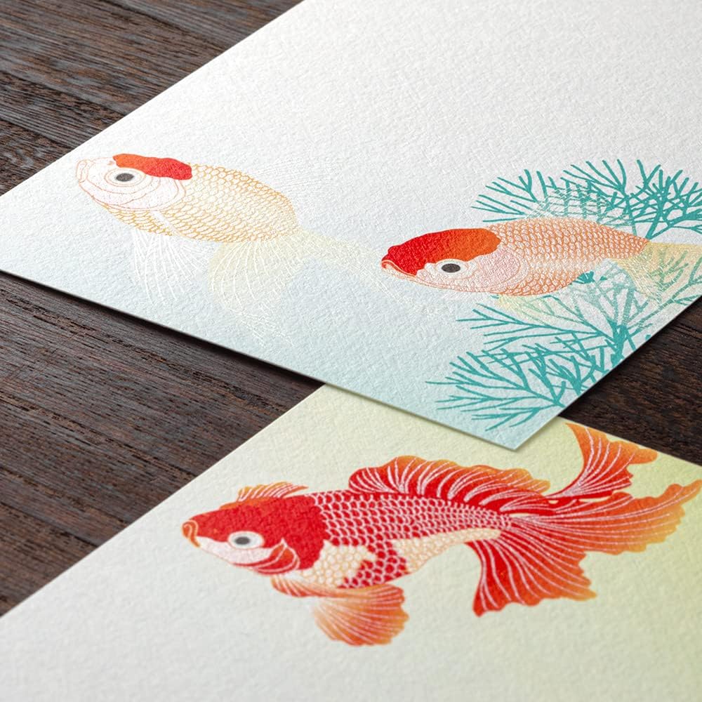 Midori 88689006 Postcard Notes, Paper Series, Summer Letter, Silk, Goldfish and Aquatic Plant Pattern