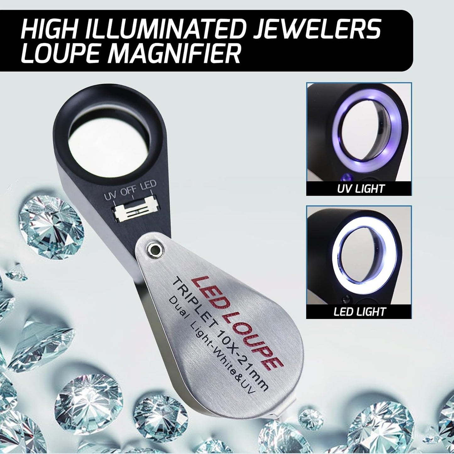 Gain Express Jewelers Loupe Magnifier, Jewelry Loop Magnifier with Light, Hastings Triplet Loupe 10X for Coin, Gem, Stamp, Diamond etc (White LED & UV Light)