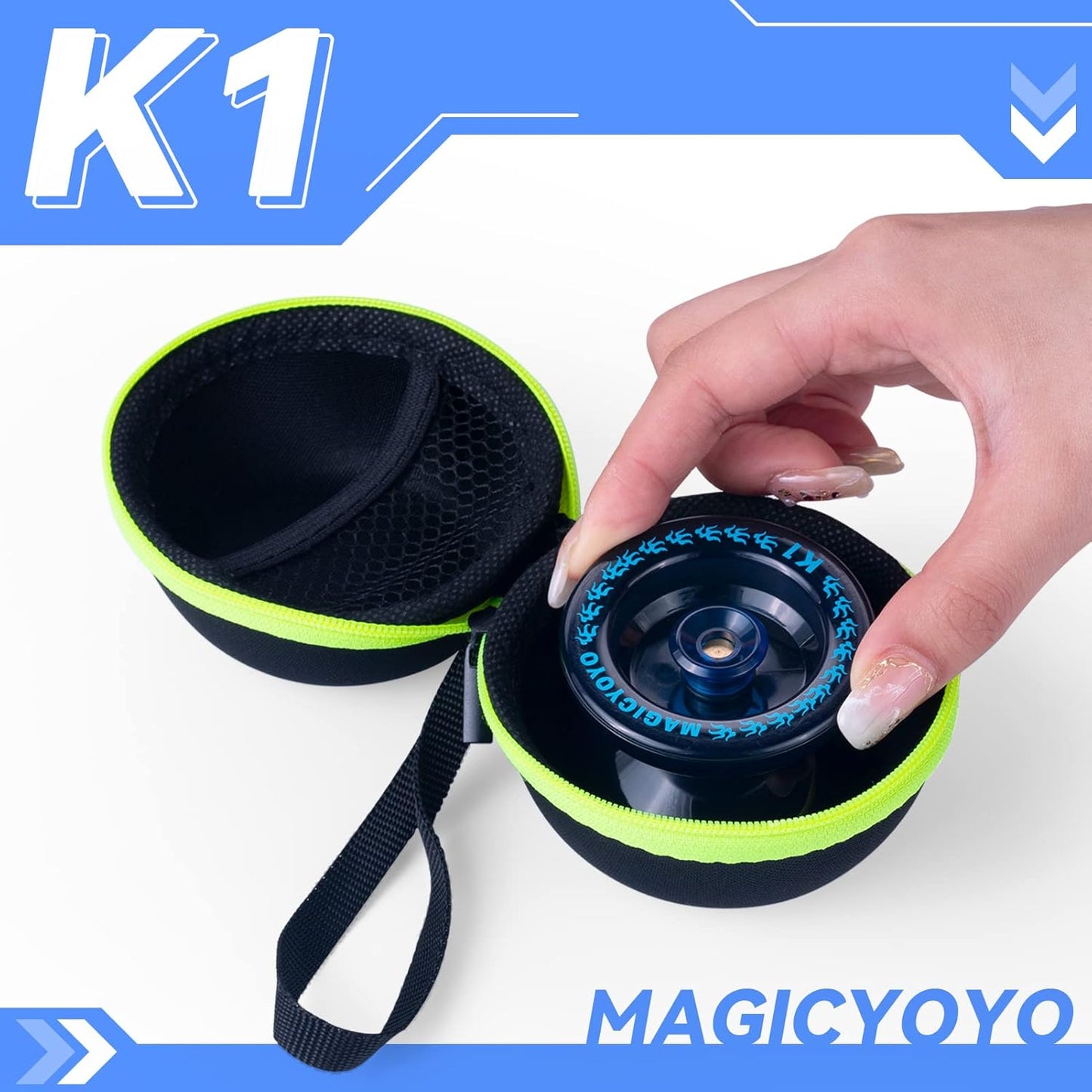 MAGICYOYO Responsive Yoyo K1 Tug Return Yo yo, Hubstacks Yo-yo for Kids Beginners Dual Purpose Yo Yo with Unresponsive Bearing, Storage Bag + 12 Yoyo Strings +Yo-Yo Glove +2 Yo yo Hubstacks (Blue)