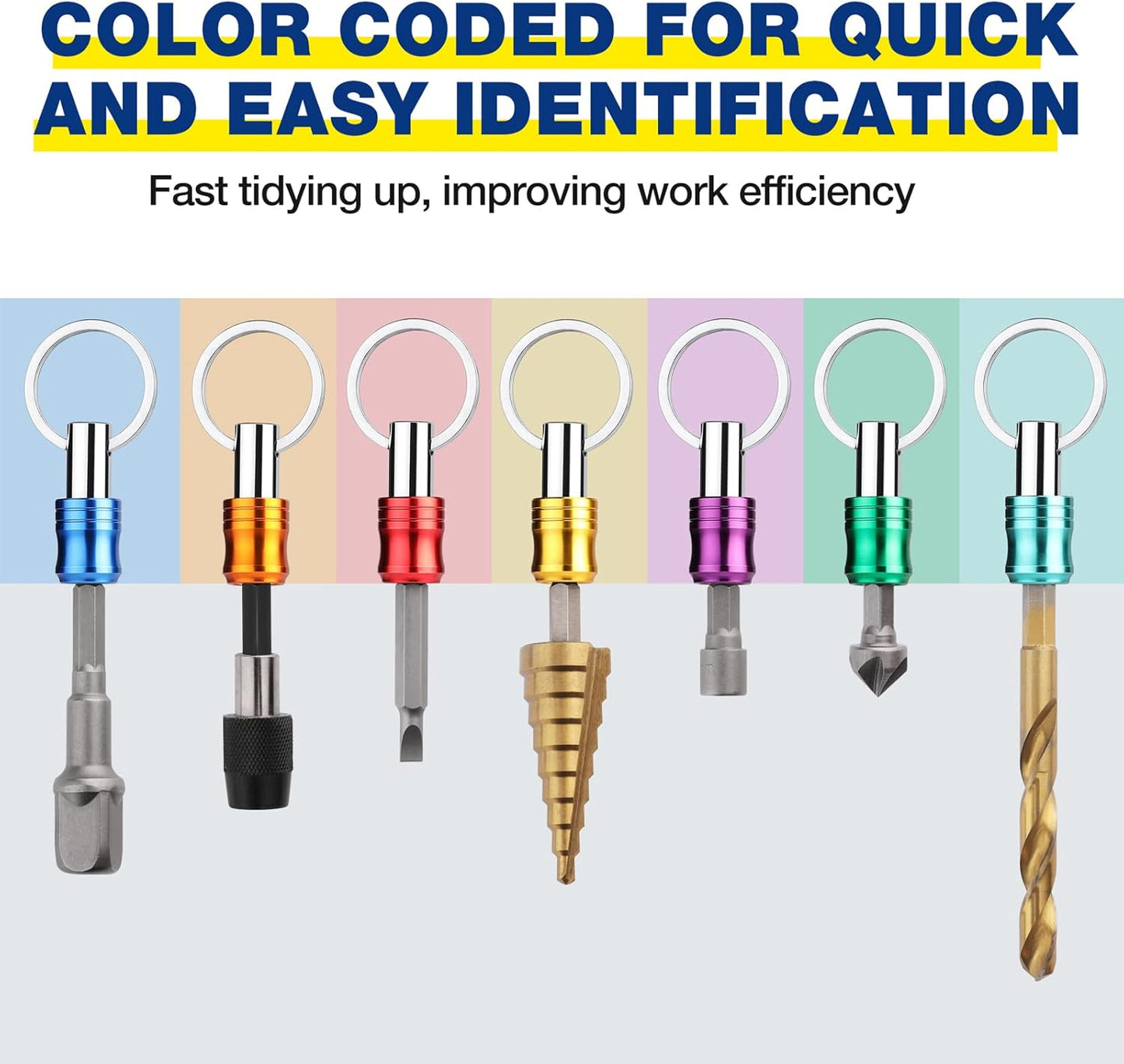 WORKPRO 1/4 inch Hex Shank Bit Holder, 7pcs Quick Release Drill Bit Holder Keychain for Impact Driver, Portable Screwdriver Bits Holder, Aluminum Alloy, Color Coded