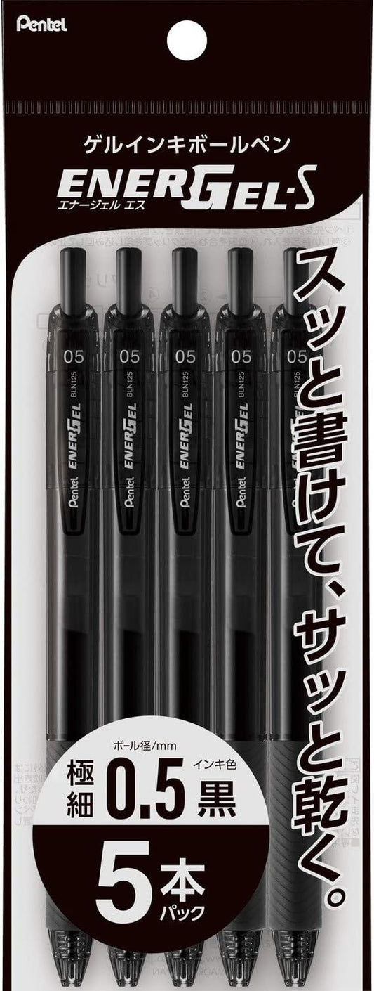 Pentel XBLN125-A5 Gel Ink Ballpoint Pens, EnerGel S, 0.5mm, Black, 5 Pack
