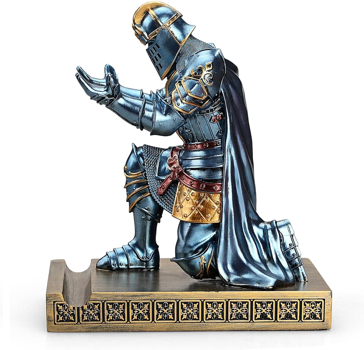 HDMbigmi King's Guard Leader Cloak Warrior Knight Pen Holder Mobile Phone Stand, Ornament Knight Statue, Pen Stand Paperweight with a Metal Sword Letter Opener for Office and Home (Blue)